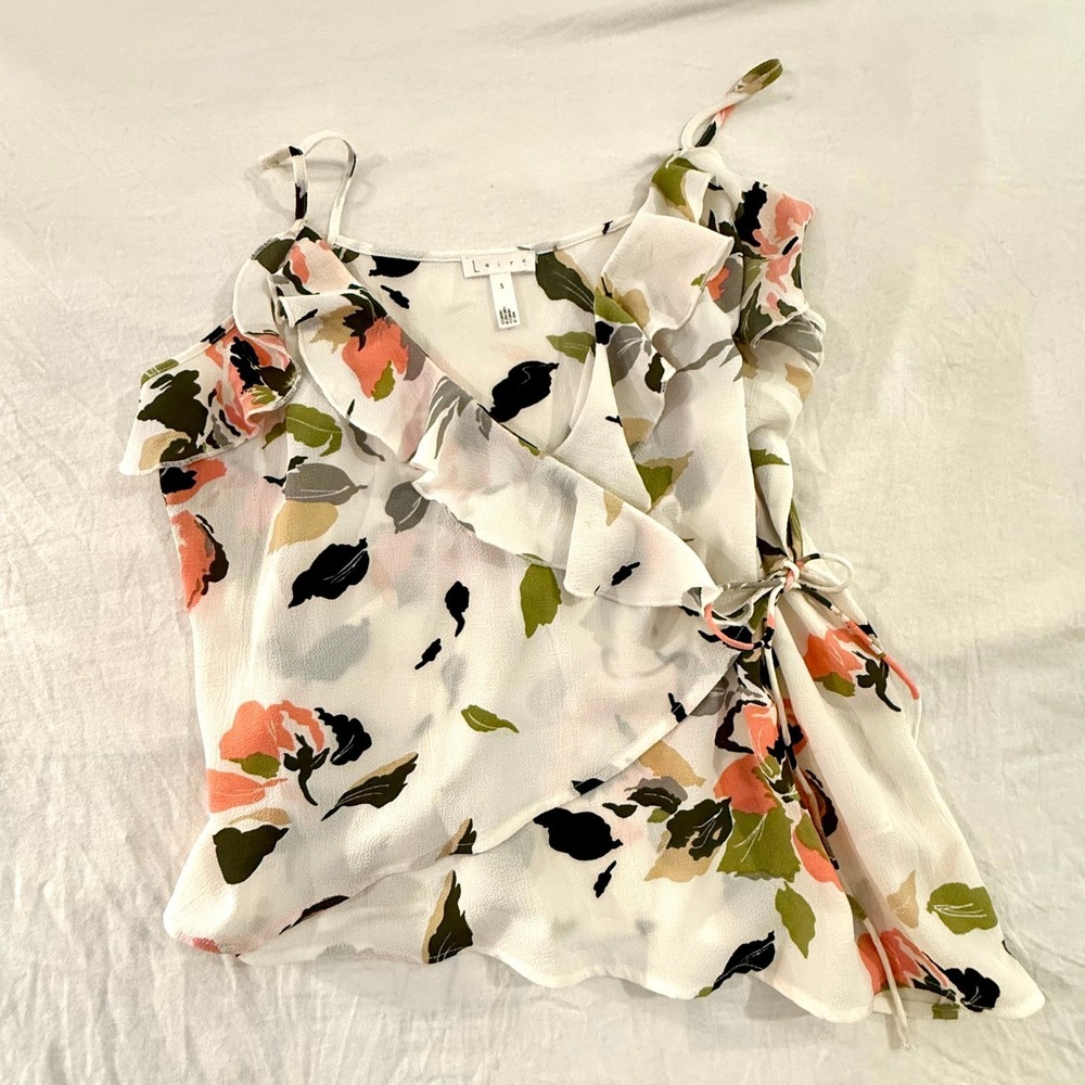 Leith Floral Ruffle Wrap Camisole Top White Peach Olive Green Small